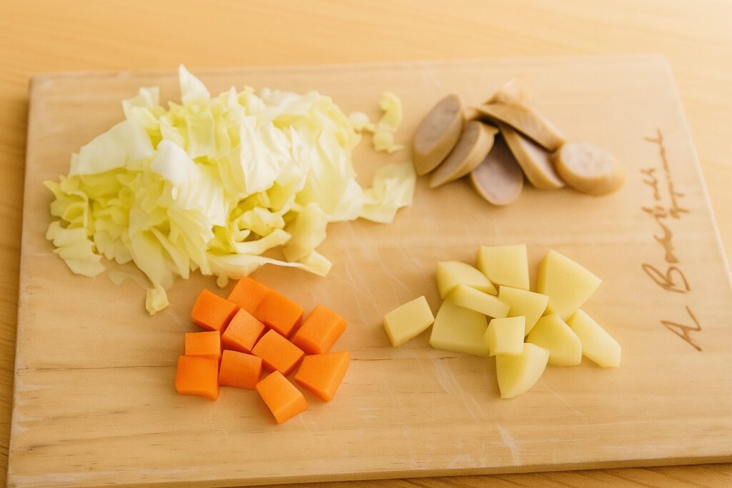 キャベツ・にんじん・じゃがいも・ソーセージを食べすい大きさに切った画像