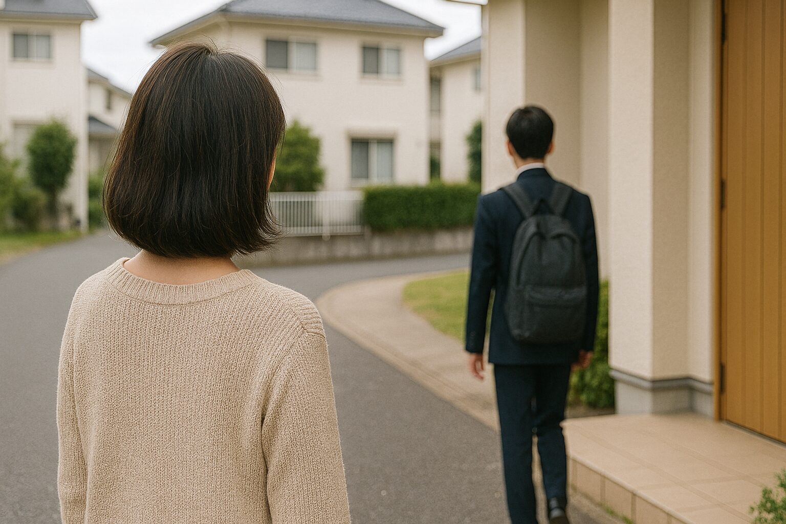 登校する子どもを見守る母親