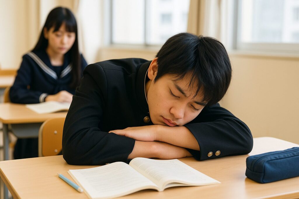 教室の机で居眠りしている中学生男子