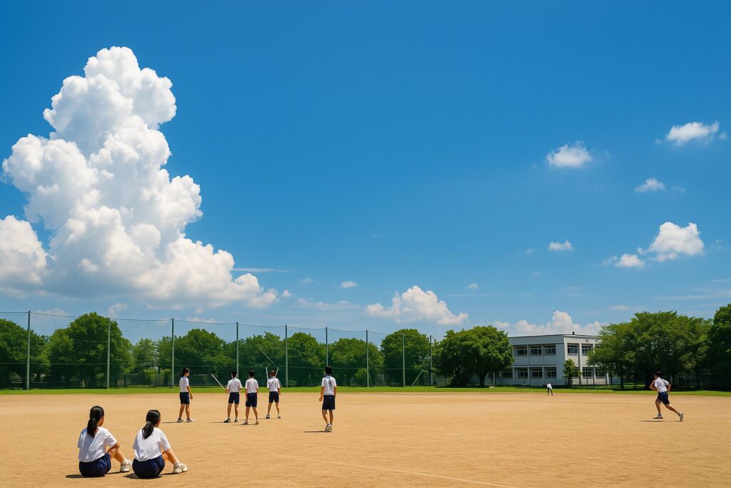 夏の中学校の校庭で部活動をしている生徒たちの画像