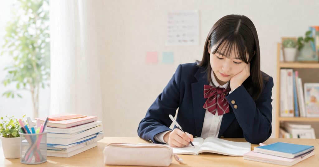 自宅で勉強している中2の女子