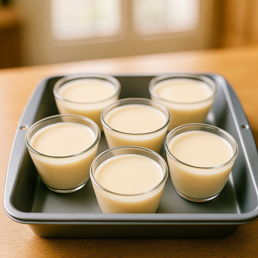 焼く前のプリン液をカップに入れた画像