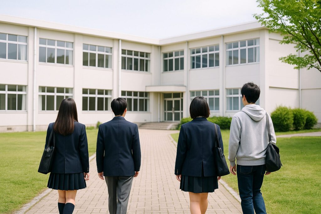 都立高校の校舎と後ろ姿の高校生（制服と私服の生徒）