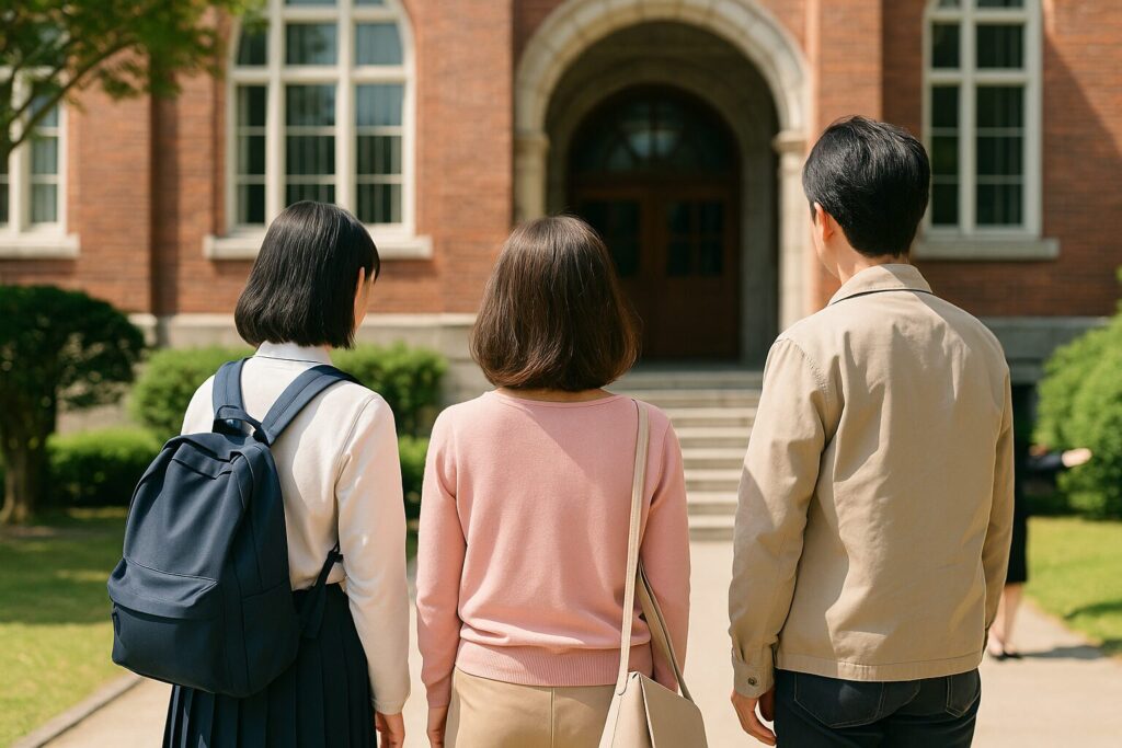 高校見学に来ている中学生とその両親の様子