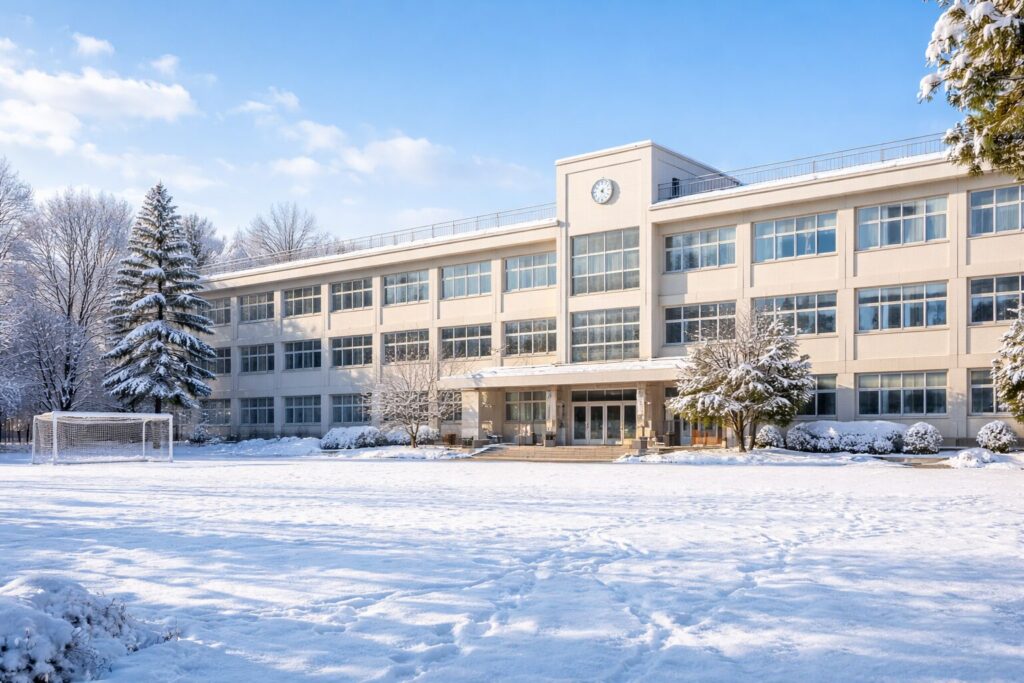 雪が積もった中学校の校舎の様子