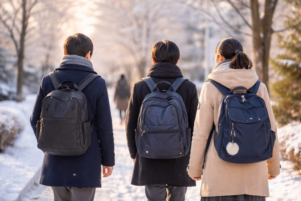 冬の朝に登校している中学生たちの様子