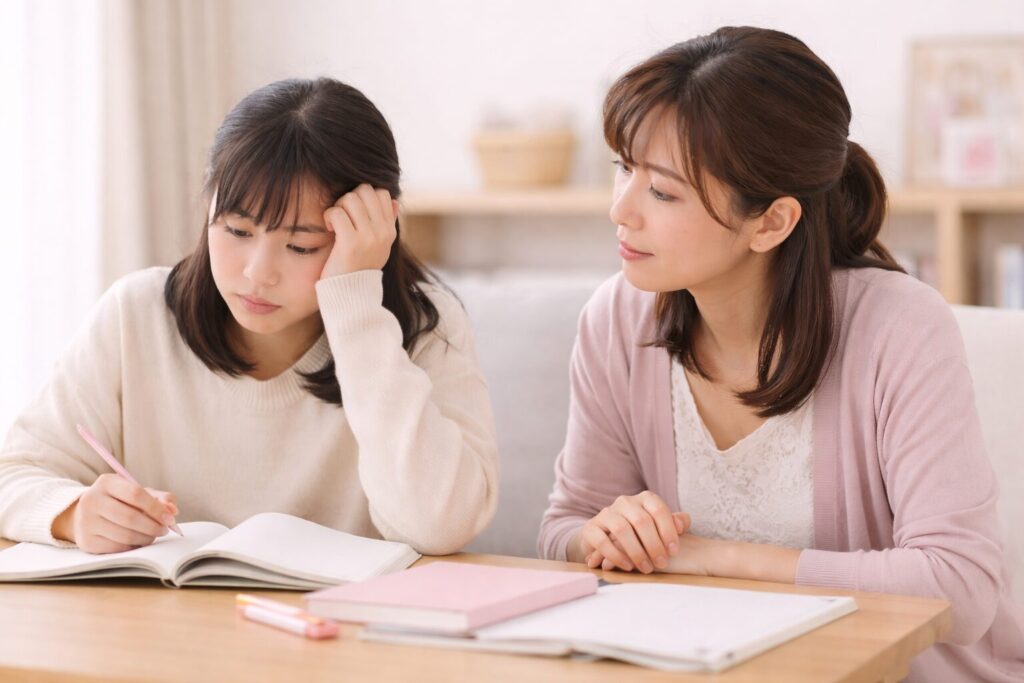 家で勉強している中学生女子とそれを見守っている母親の様子