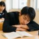 教室の机で疲れて居眠りしている中学生男子の様子