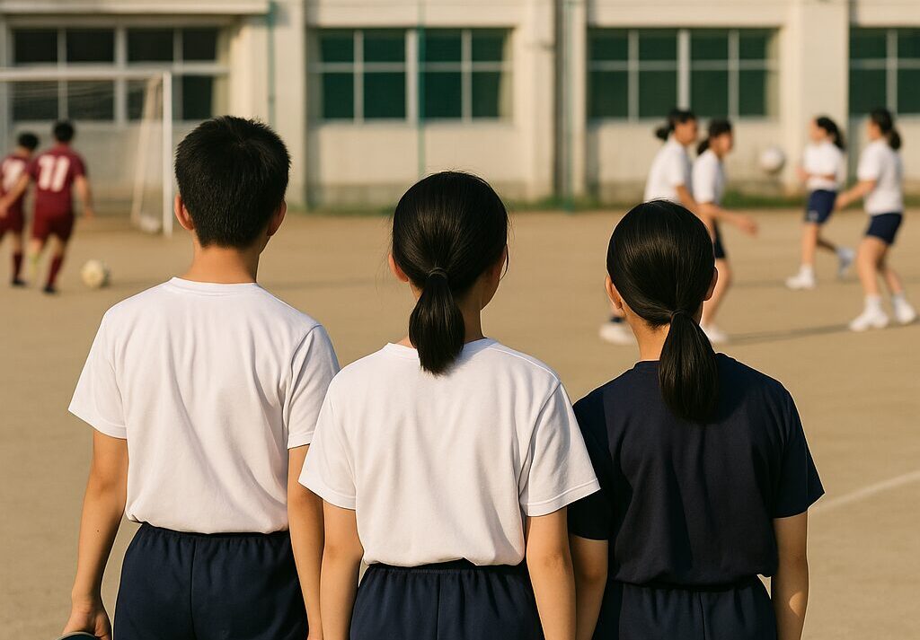 校庭で部活をしている中2の生徒たちの画像