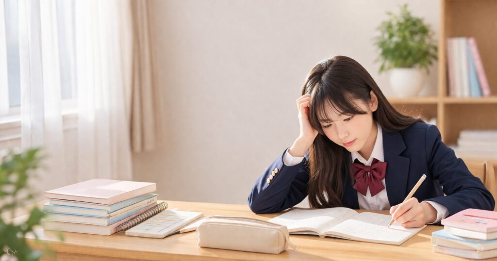 問題集を使って家で勉強している中学生の様子