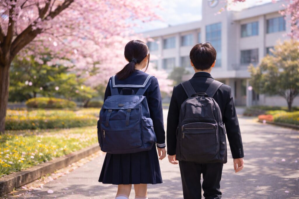 春に登校している中学生の男女