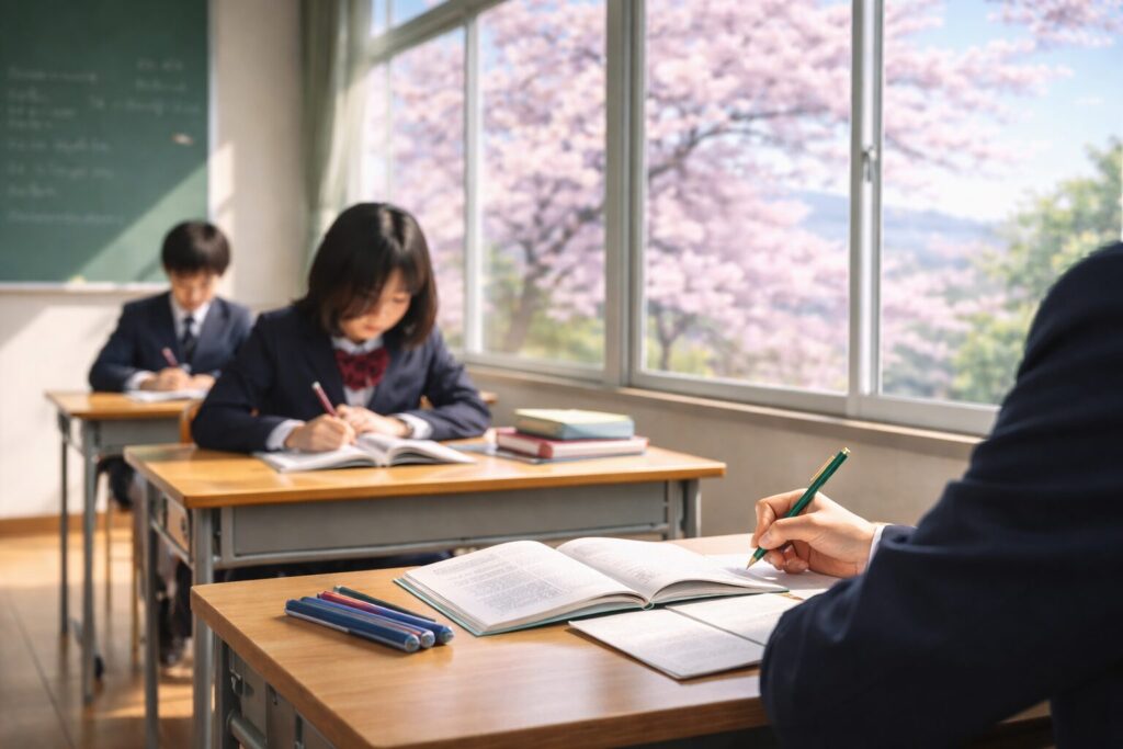 春の教室で勉強している中学生たちの様子