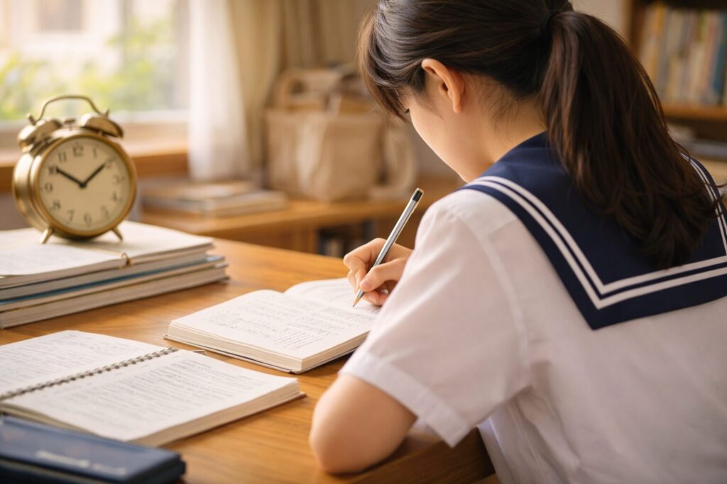 自宅で勉強している中3女子生徒の様子
