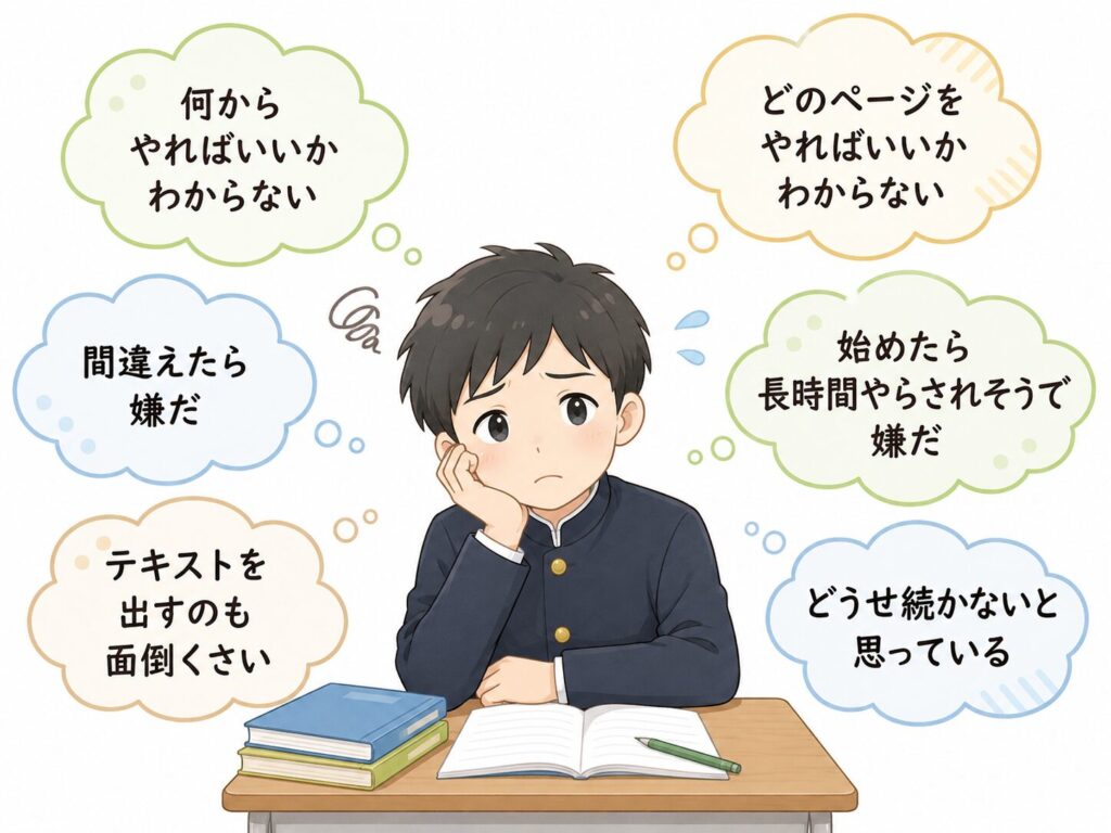 勉強を始められない中学生の頭の中を表したイラスト。何からやればいいかわからない、面倒、続かなそうなどの気持ちが吹き出しで描かれている